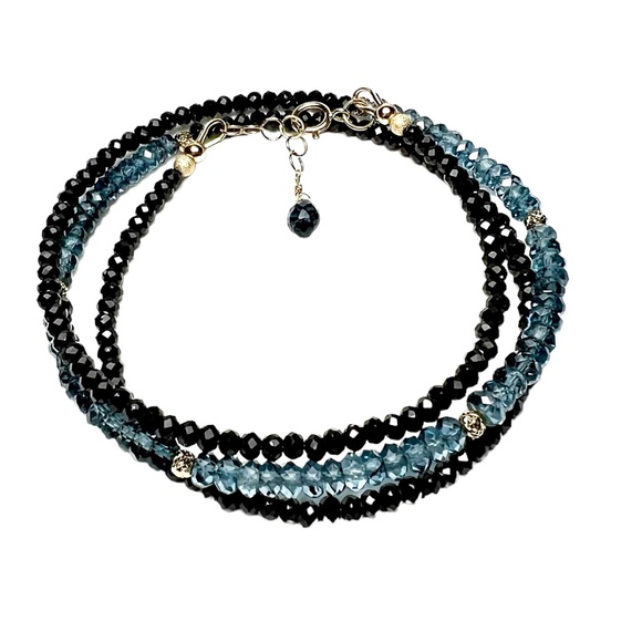 Solid 14k Gold Natural Black Spinel London Blue Topaz Wrap Bracelet | Necklace - Picture 10 of 12